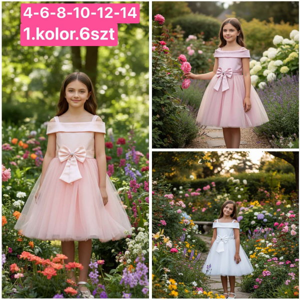 Sukienki dziewczęce Roz 4-14, 1 kolor Paczka 6 szt